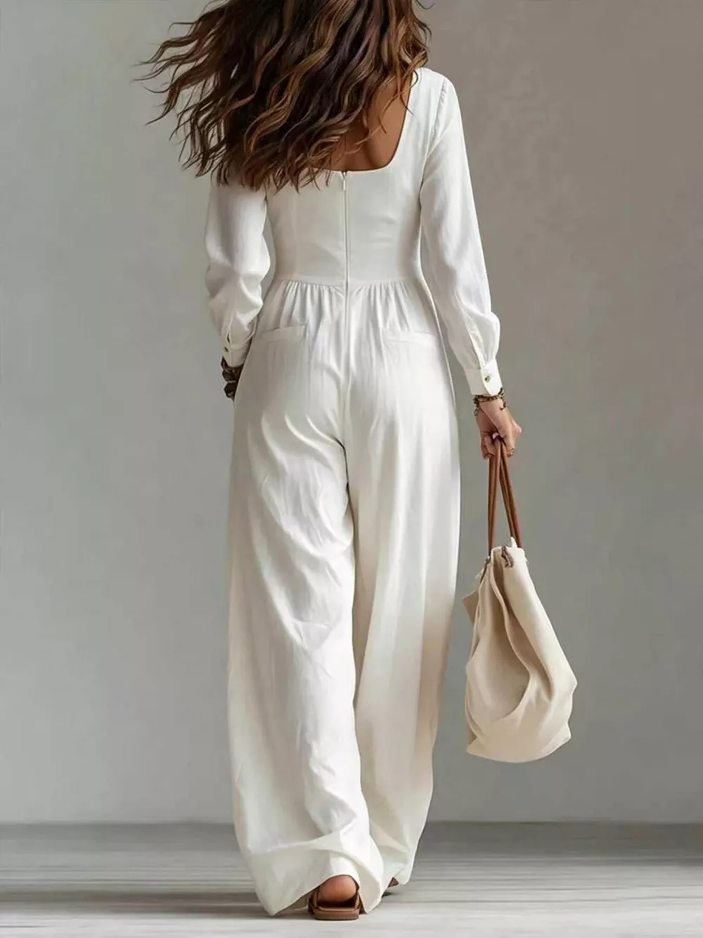 V-Neck Long Sleeve Button Front Wide-Leg Jumpsuit, image 3