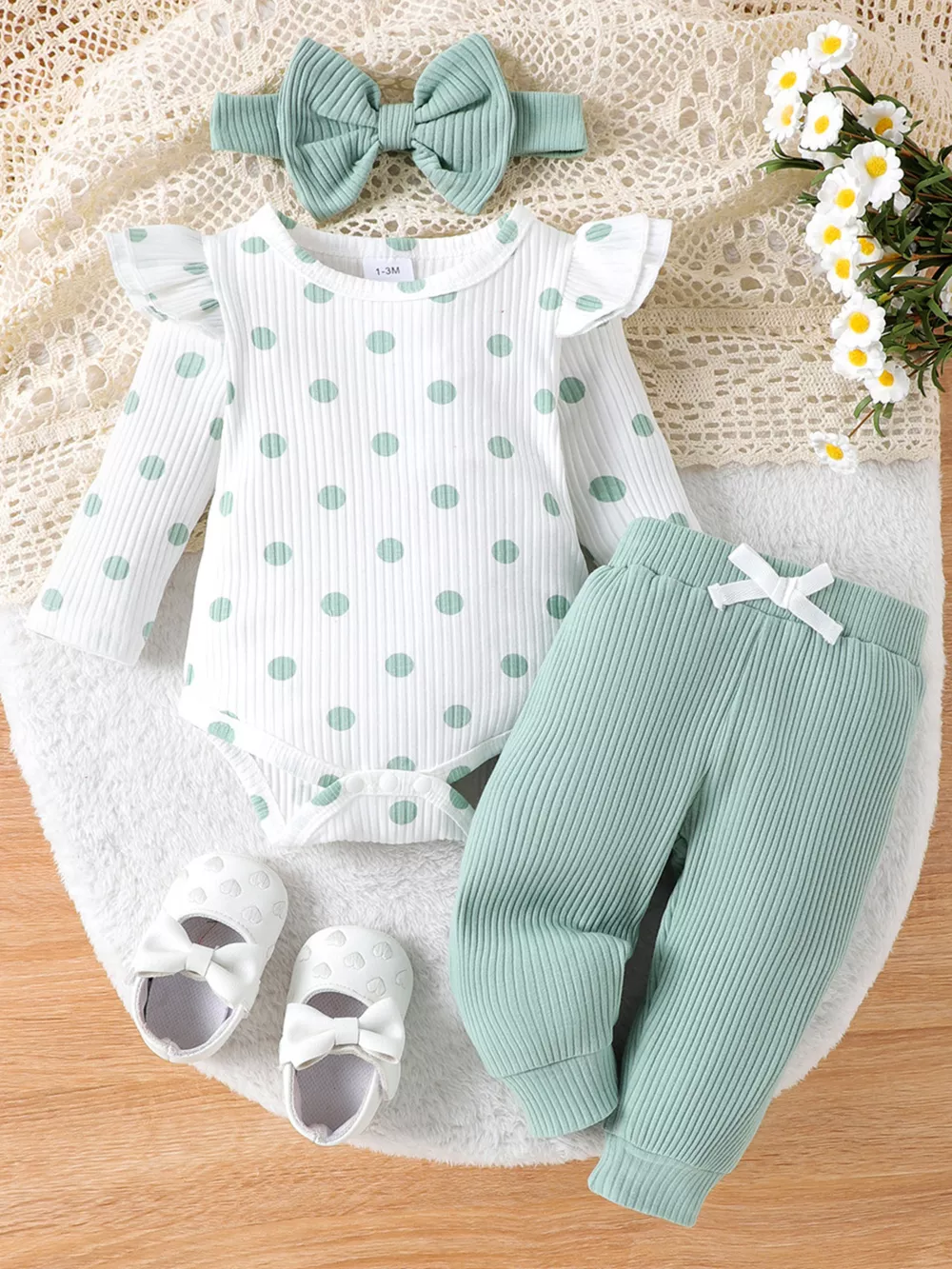 Children's Ruffled Polka Dot Bodysuit and Pants Set with Headband