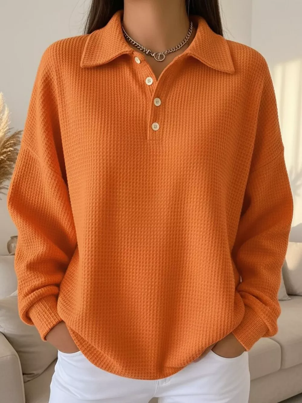 Full Size Waffle Knit Button Detail Top Plus Size, image 2