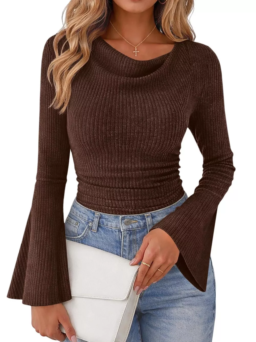 Ribbed Knit Cowl Neck Flared Sleeves Top, image 13