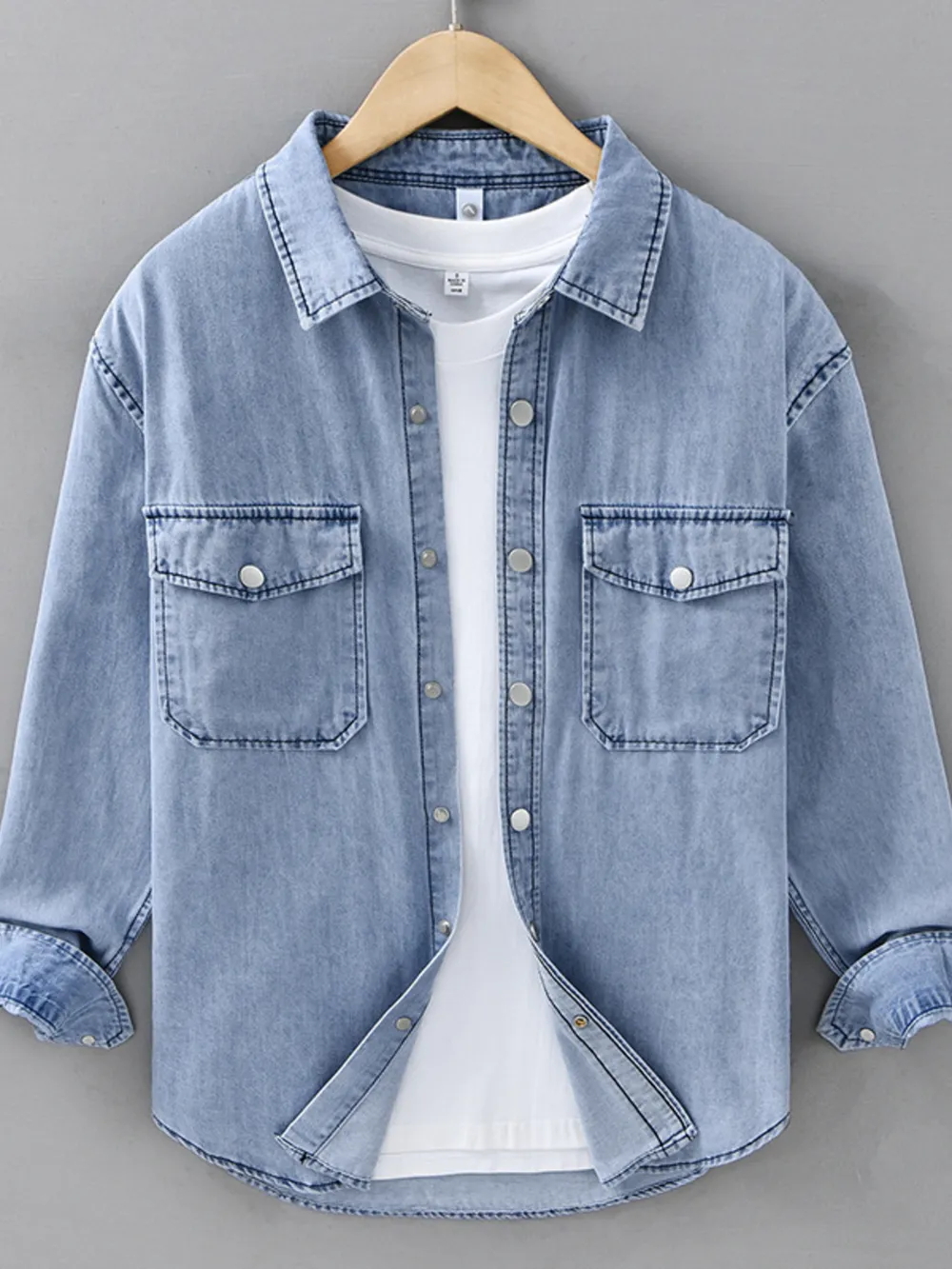 Men's Plus Size Button Up Long Sleeve Denim Shirt, image 2