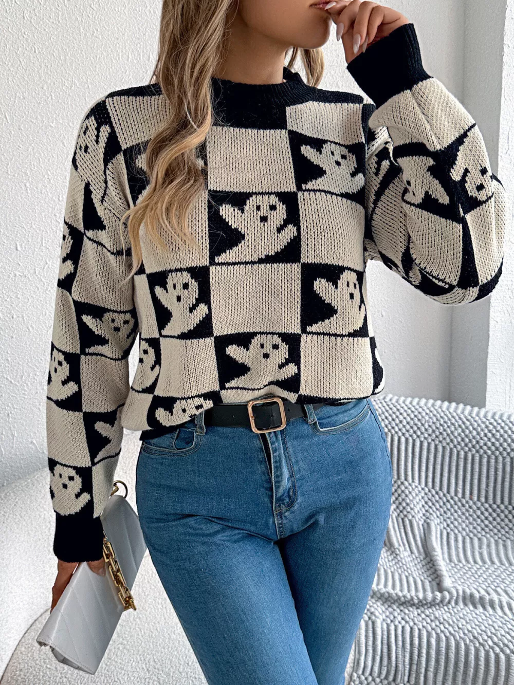 Halloween Ghost Pattern Checkered Round Neck Sweater, image 4