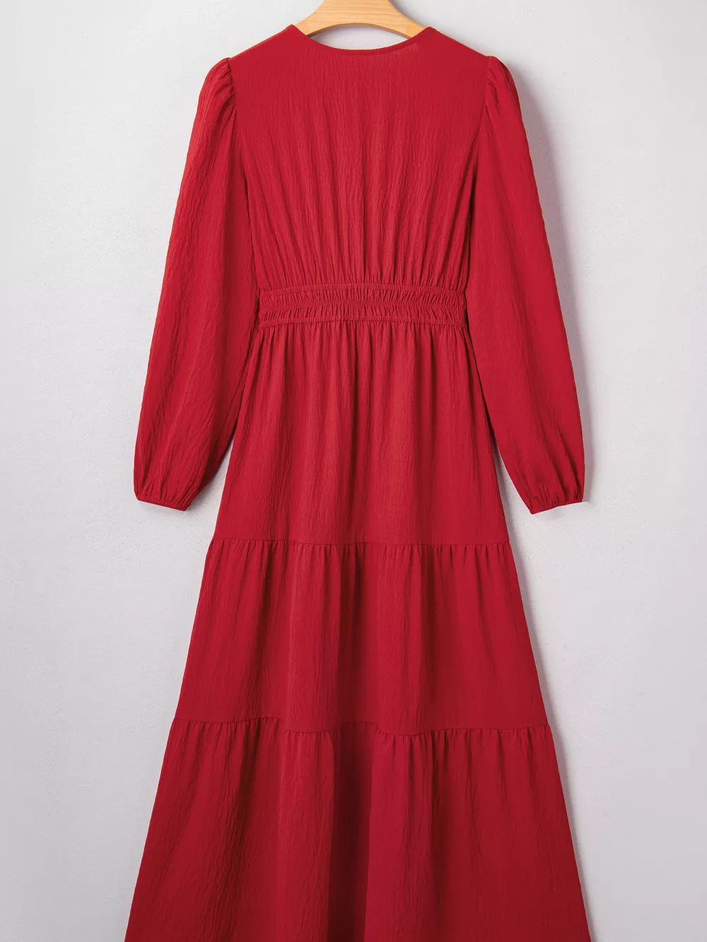 Contrast Embroidered Detail Cinched Waist Tiered Long Sleeve Maxi Dress, image 5