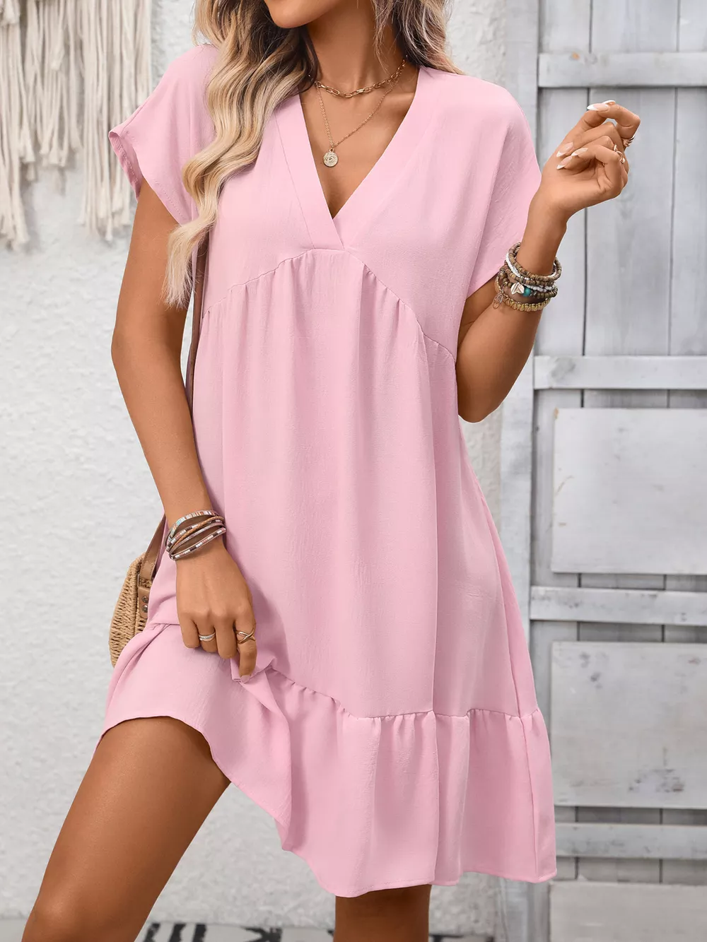 Casual V-Neck Ruffle Hem Mini Dress, image 10
