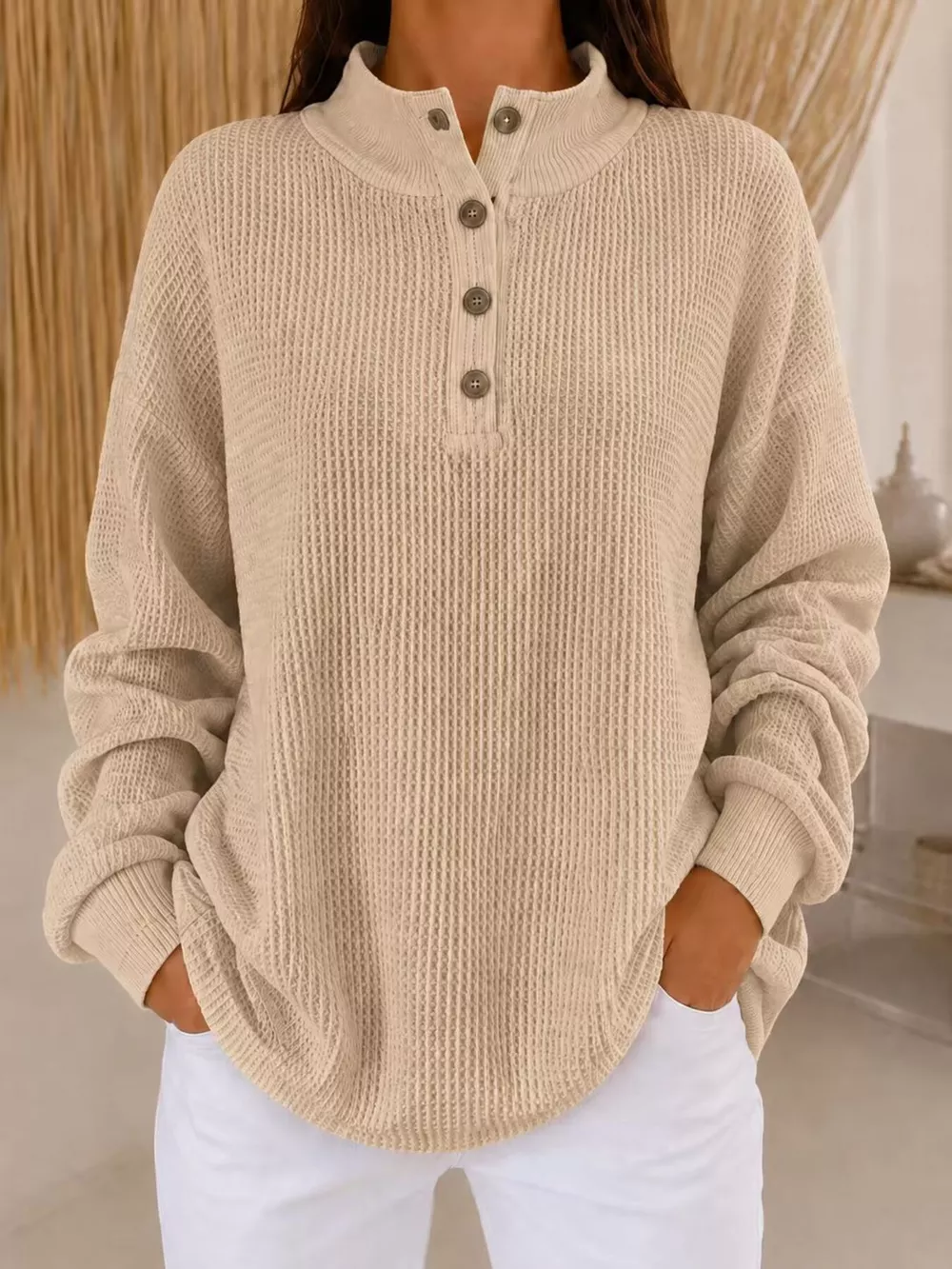 Full Size Waffle Knit Button Detail Sweatshirt Plus Size, image 4