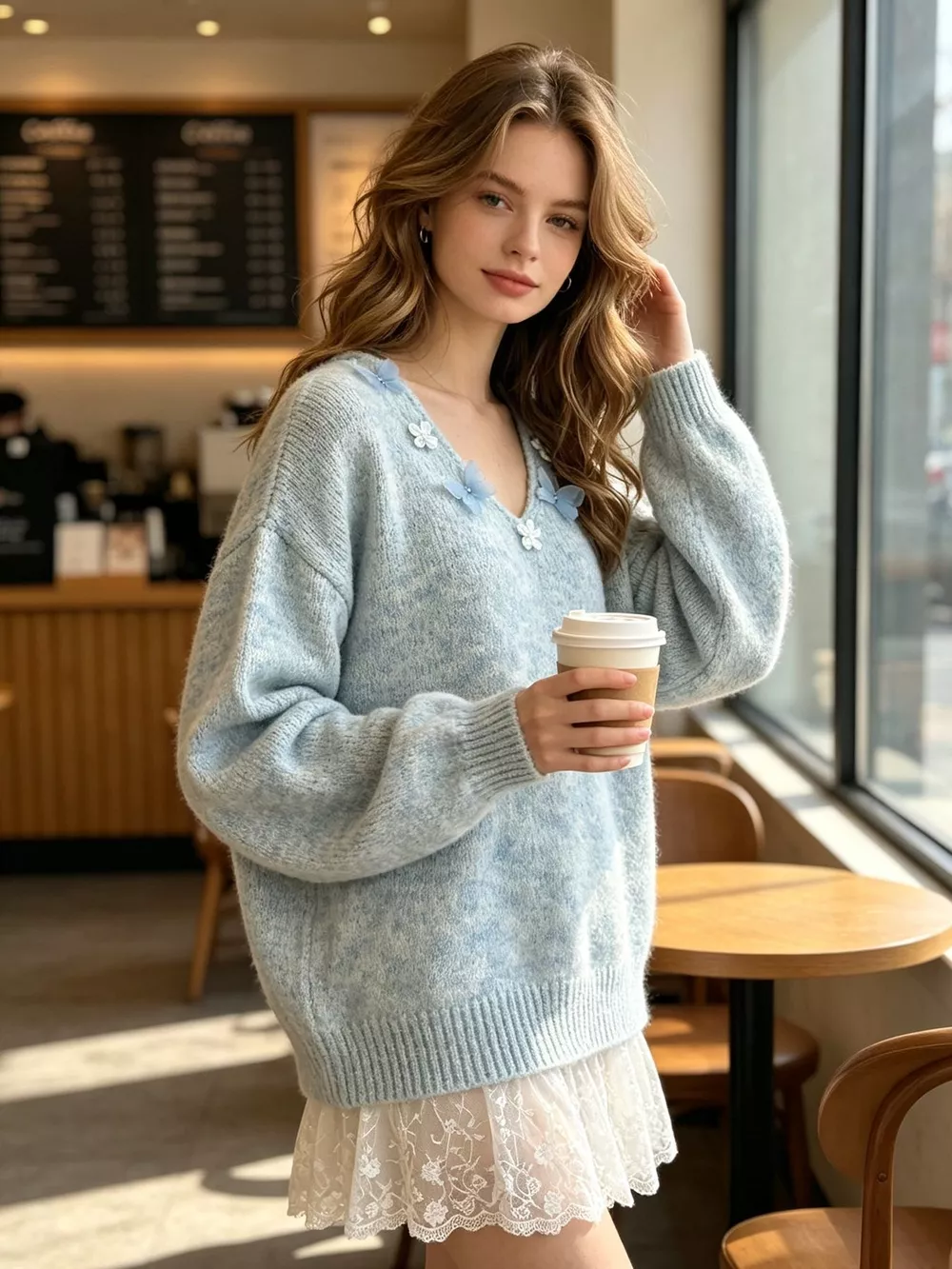 V-Neck Floral Applique Lace Hem Sweater, image 4