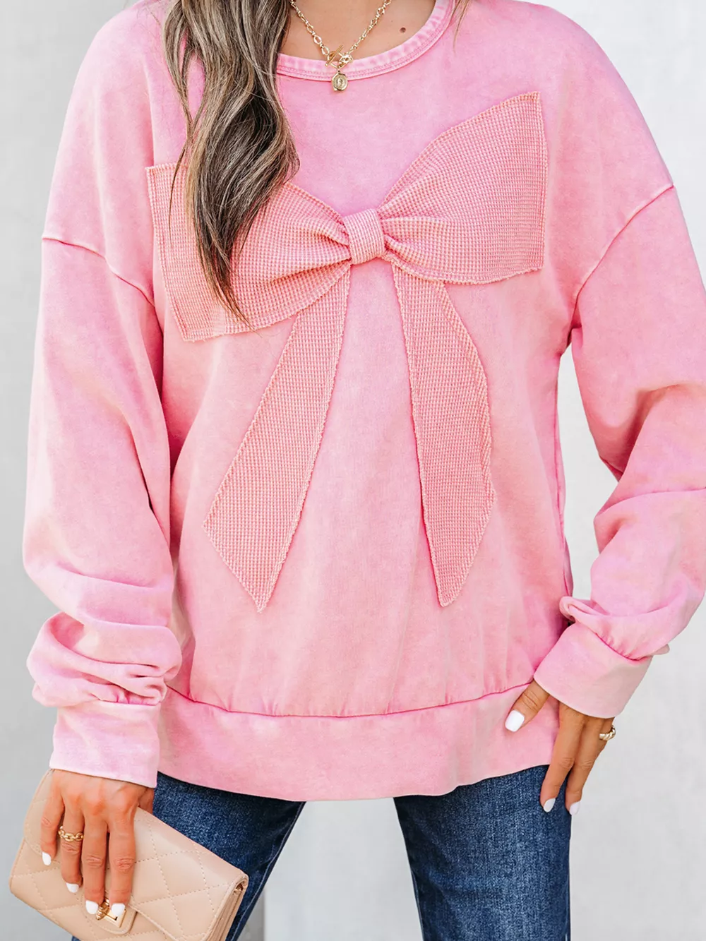 Mineral Wash Bow Patchwork Sweatshirt, image 11