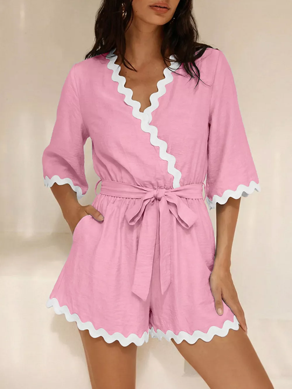 Scalloped Trim Wrap Romper, image 14