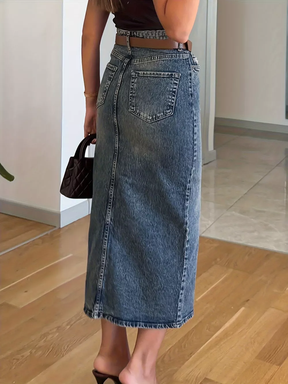 Slit Front Denim Skirt, image 3