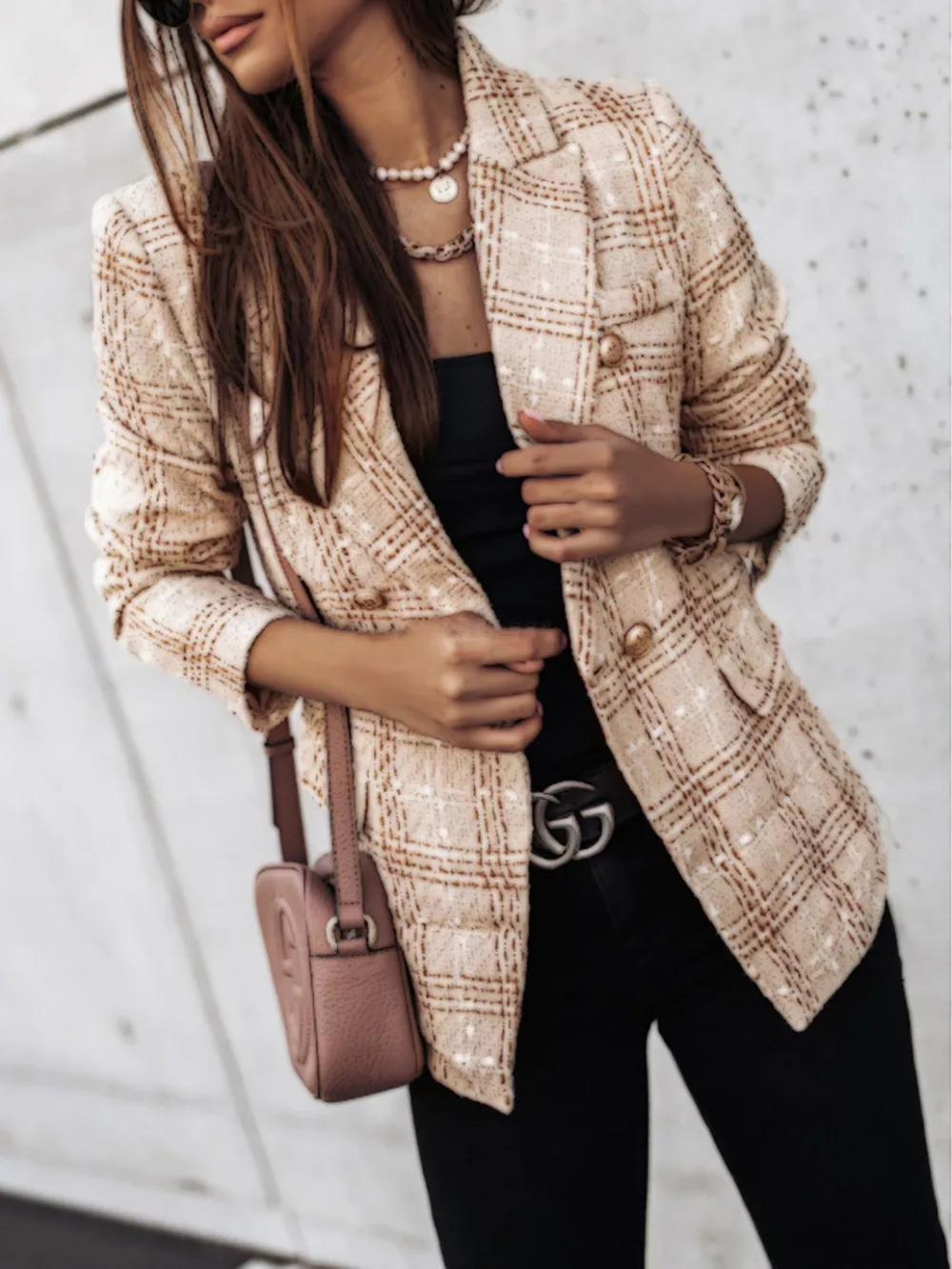 Full Size Plaid Tweed Double-Breasted Blazer Plus Size, image 10