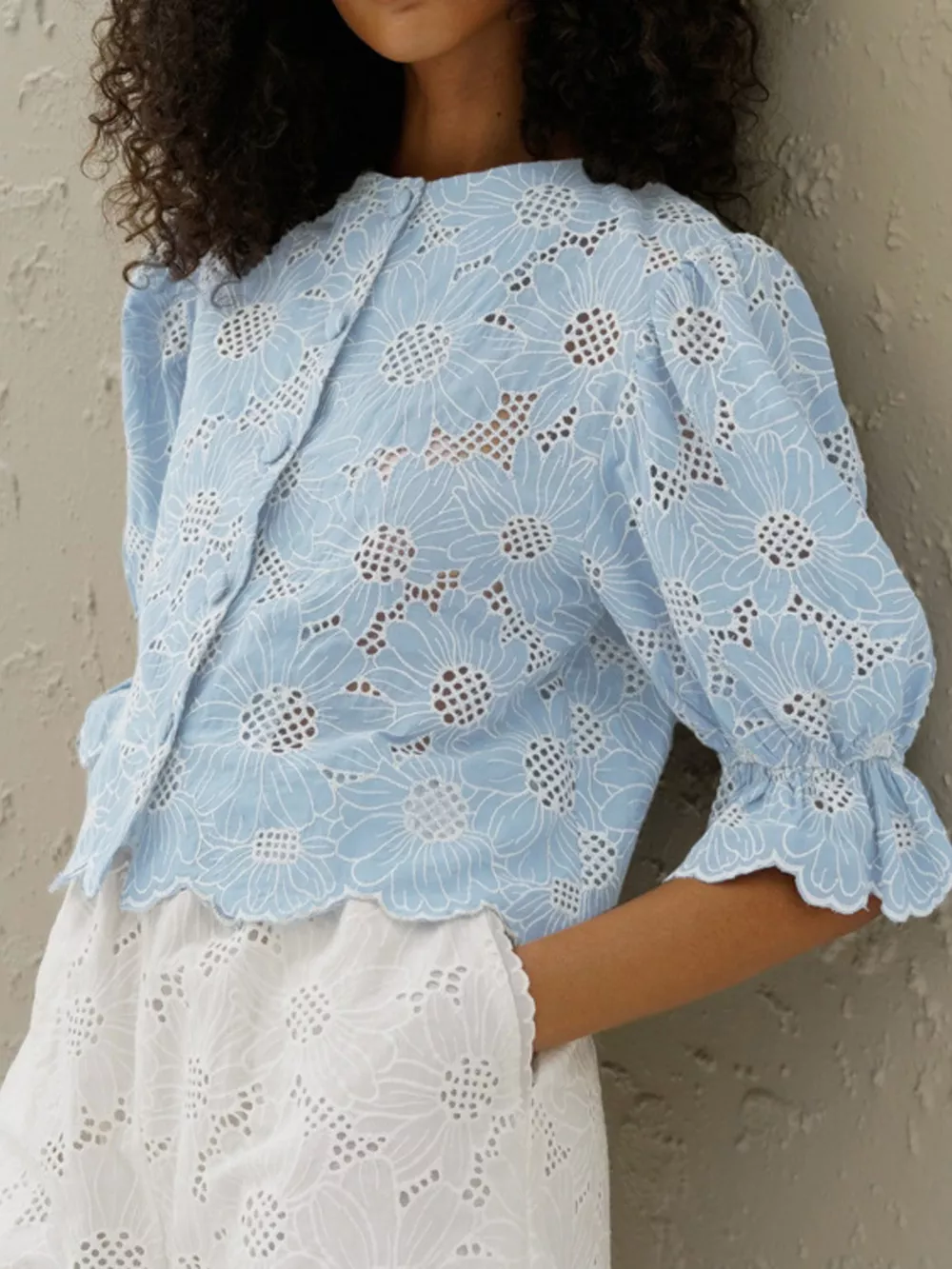 Embroidered Flounce Sleeve Blouse, image 2