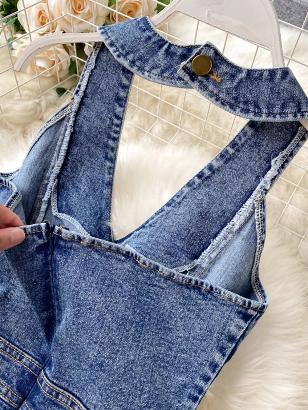 Halter Neck Wide Leg Denim Jumpsuit, image 11