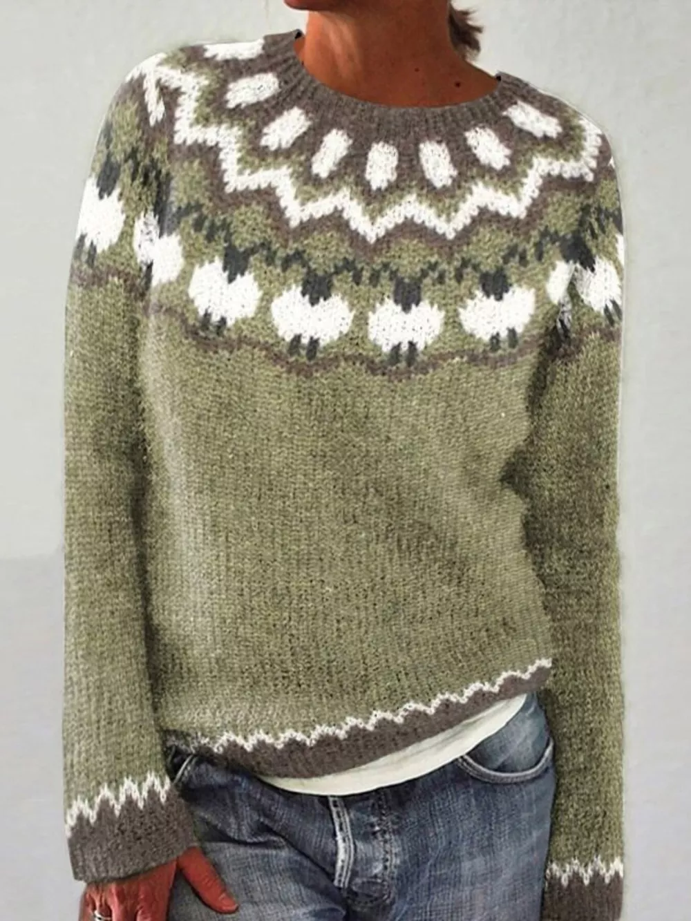 Full Size Vintage Patterned Round Neck Sweater Plus Size, image 10