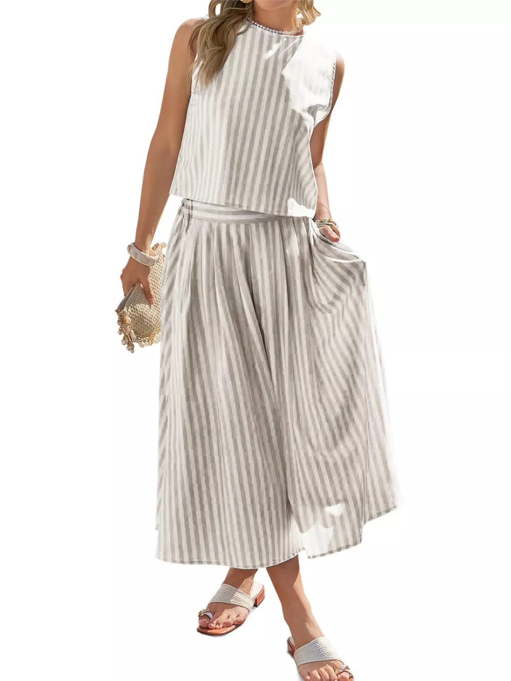 Striped Sleeveless Top and Midi Skirt Set, image 12