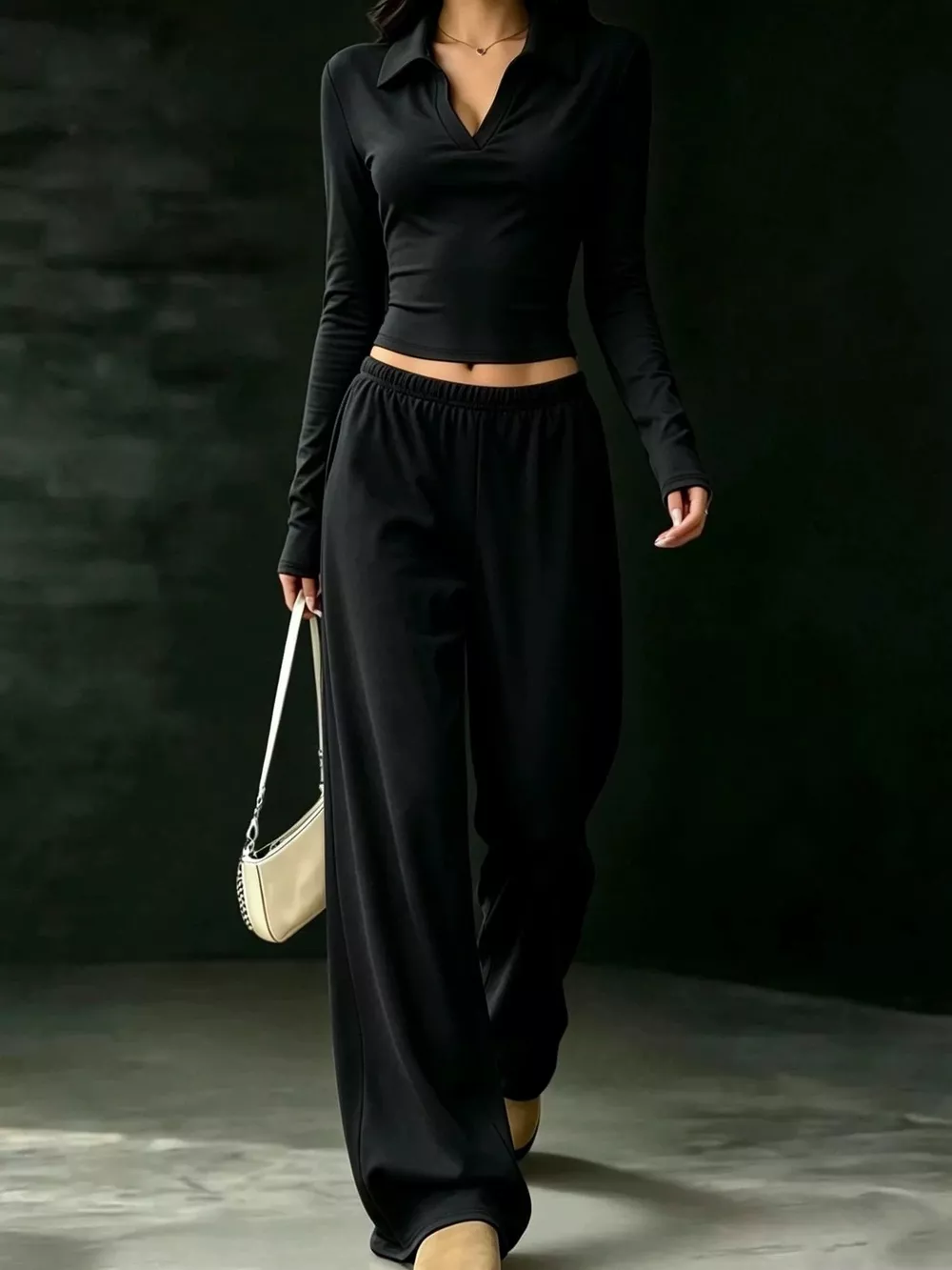 Solid Color Long Sleeve Polo Collar Top and Wide Leg Pants Set, image 6