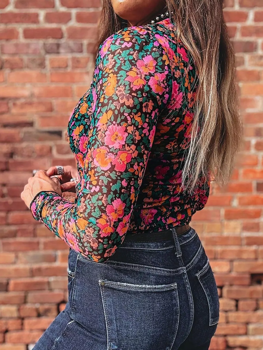 Printed Mesh Long Sleeve Slim Fit Top, image 4