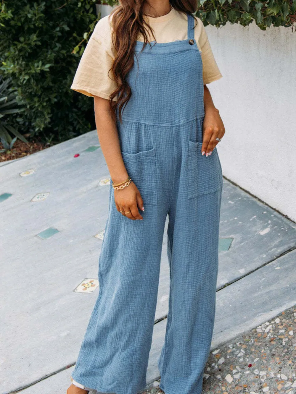 Full Size Casual Wide Leg Textured Overalls Plus Size, image 25