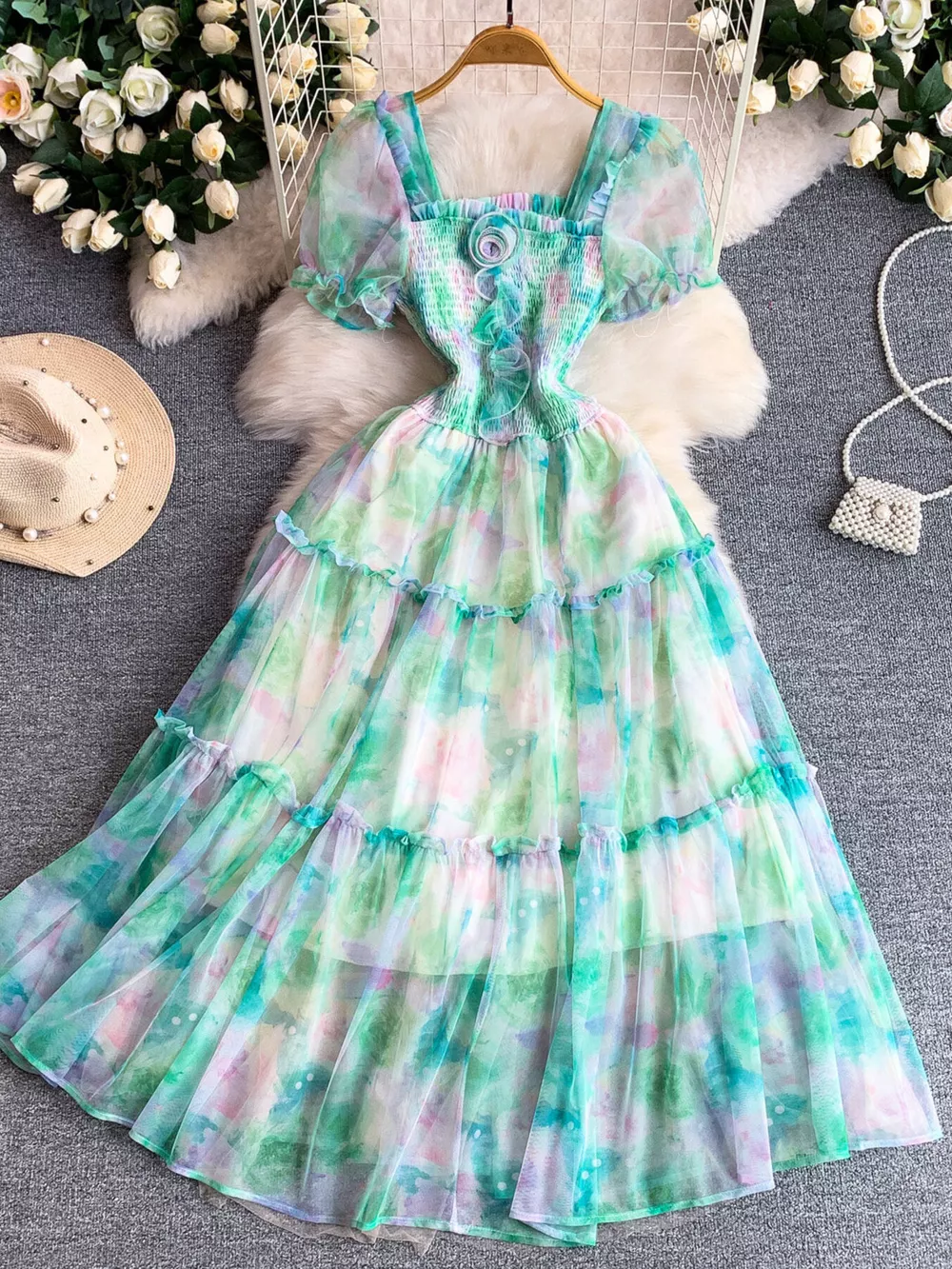 Smocked Floral Tiered Mesh Midi Dress, image 10