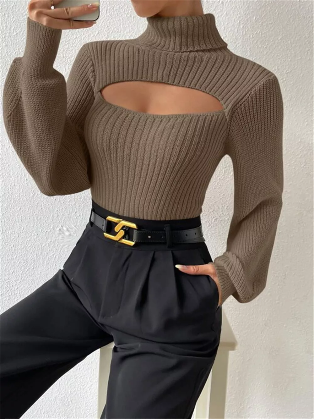 Cutout Front Turtleneck Long Sleeve Sweater, image 11