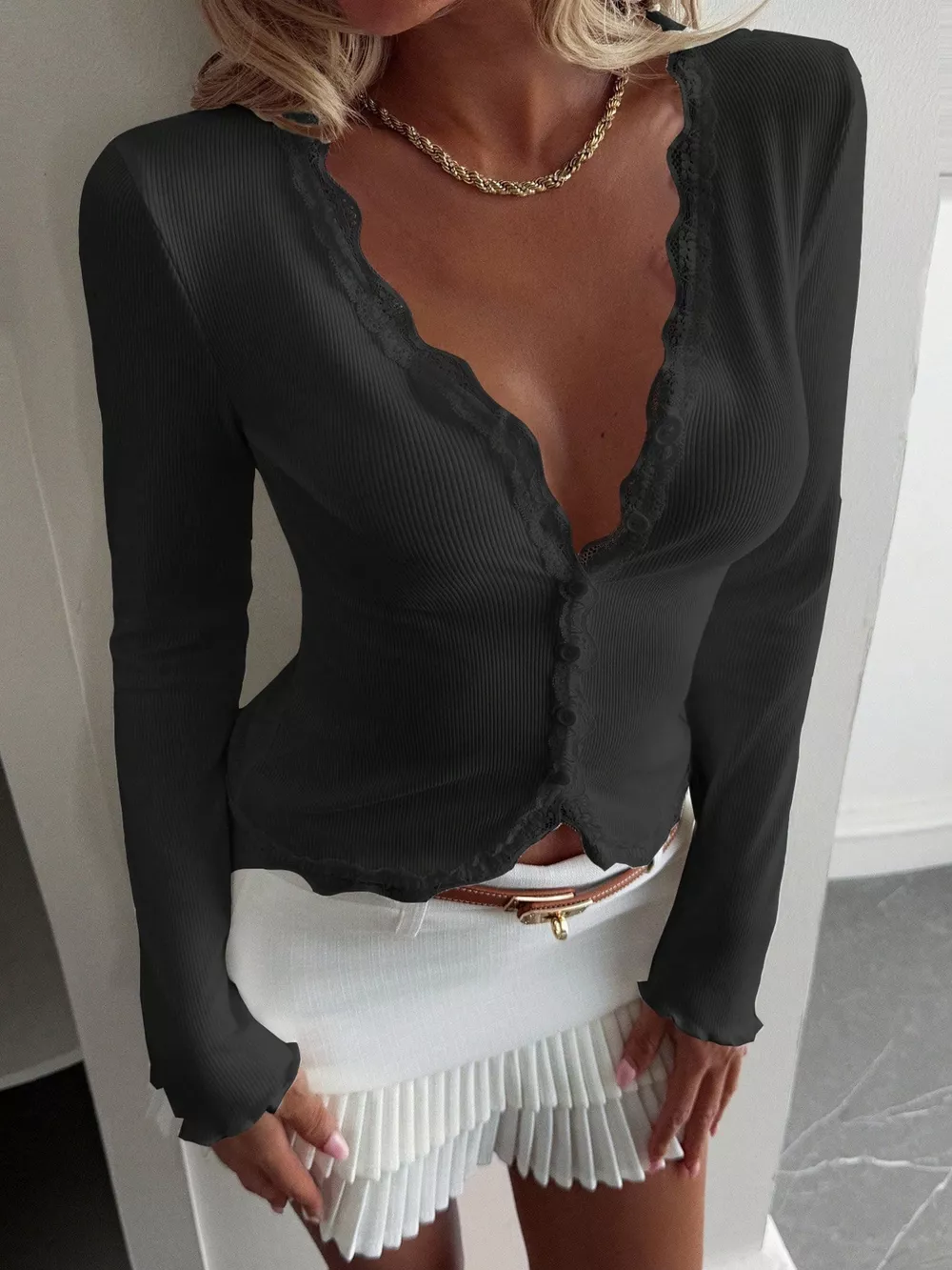 Lace Trim Long Sleeve Top, image 14
