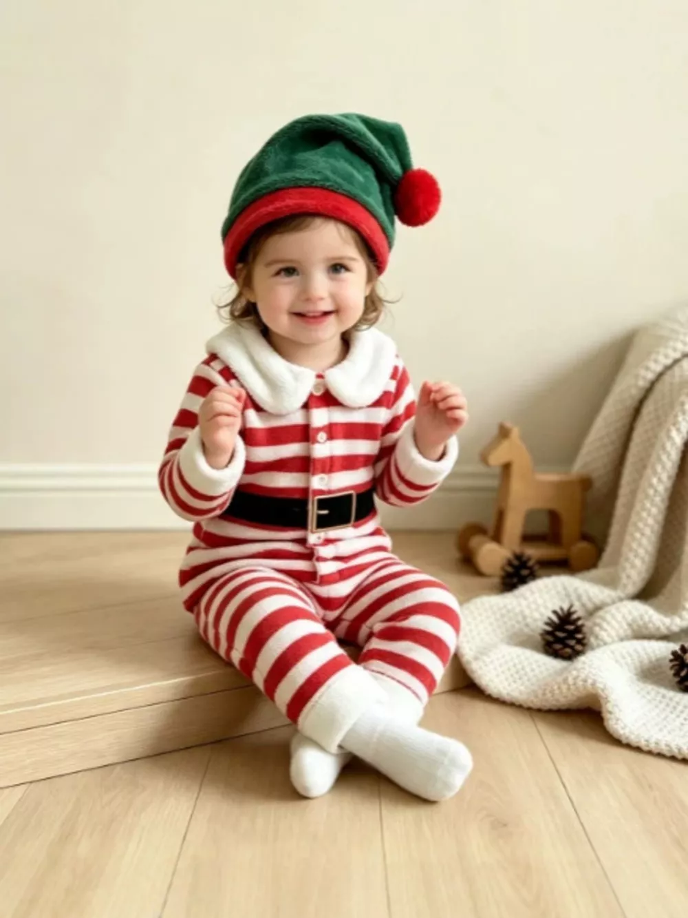 Children's Christmas Striped Pajama Set with Matching Hat, image 2