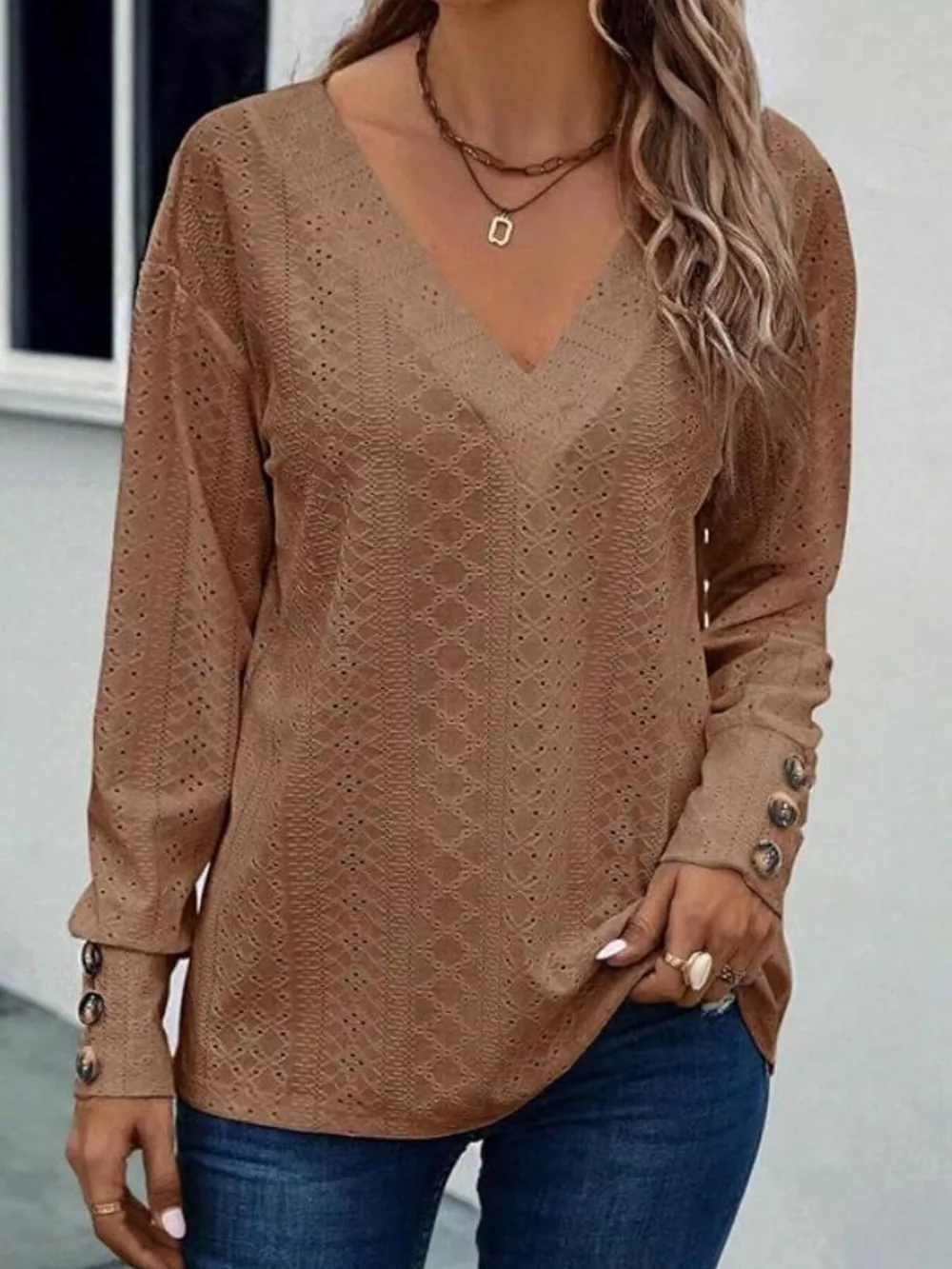 Eyelet V-Neck Long Sleeve Blouse, image 17