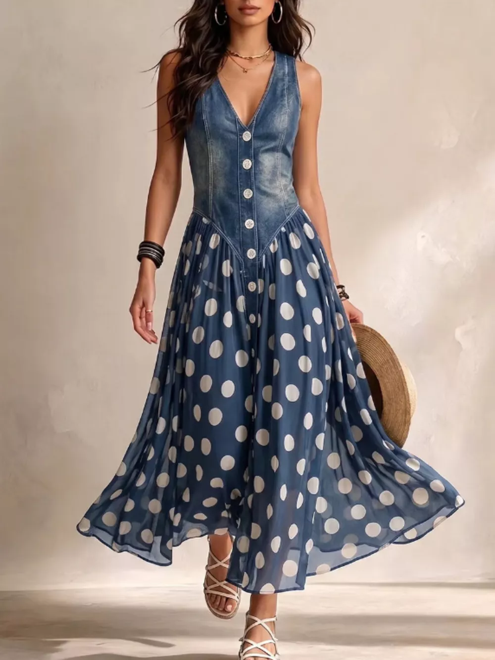 Polka Dot Denim Bodice Sleeveless Maxi Dress
