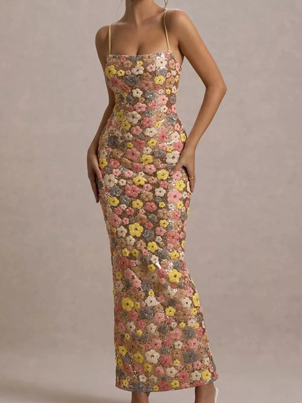 Floral Sequin Embellished Bodycon Maxi Dress, image 3