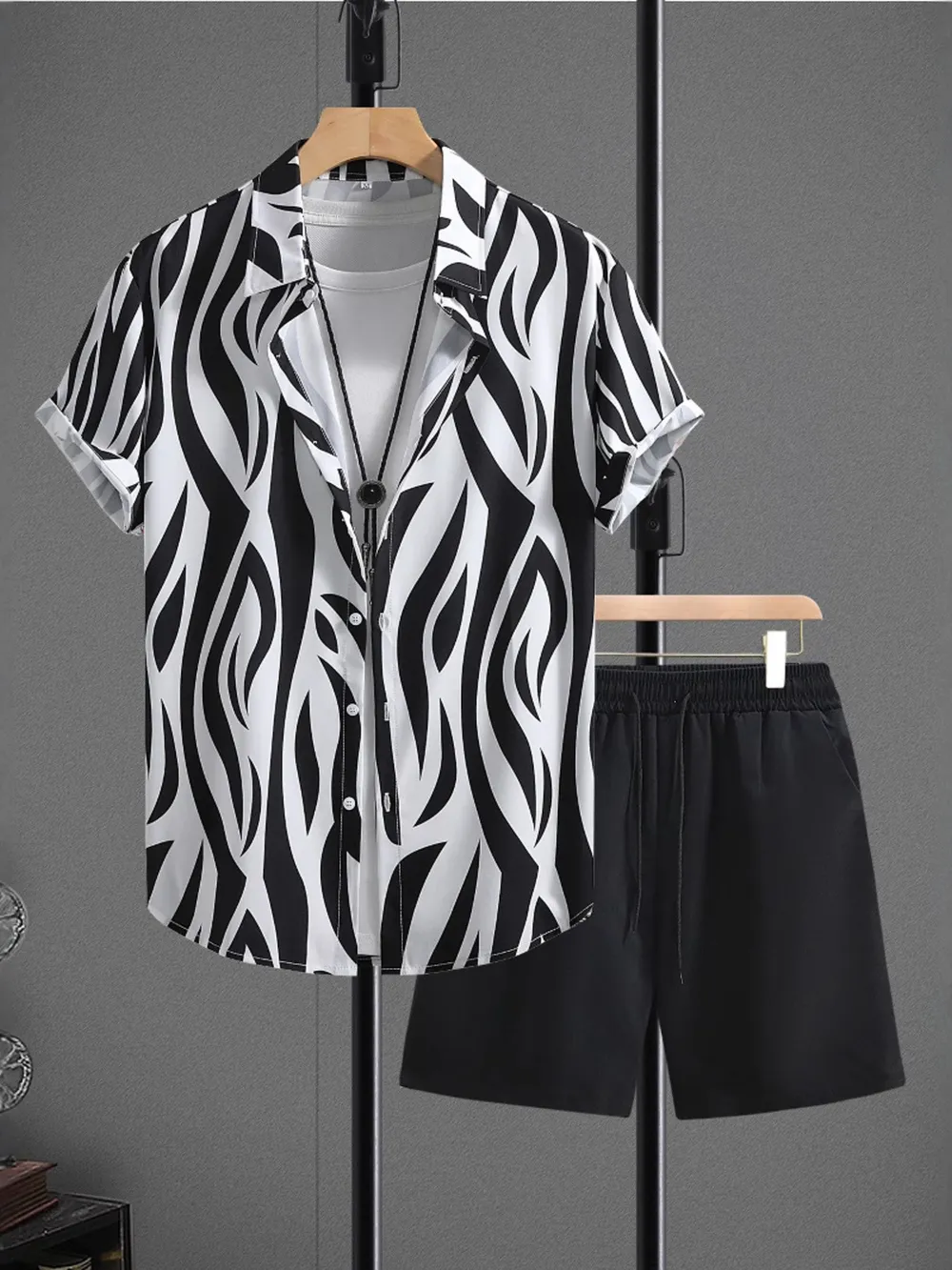 Men's Zebra Print Short Sleeve Shirt and Shorts Set