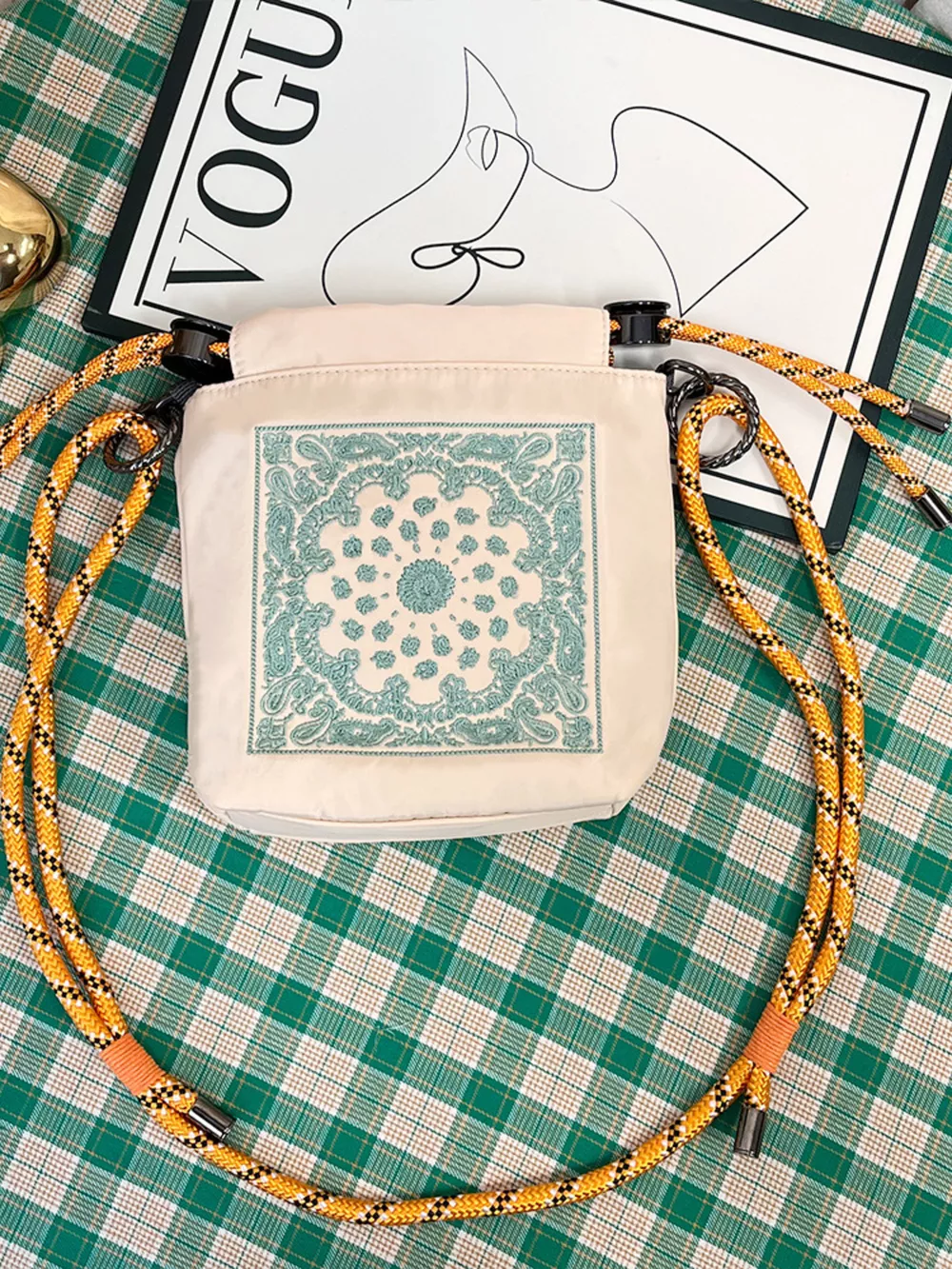 Embroidered Crossbody Bag with Rope Strap