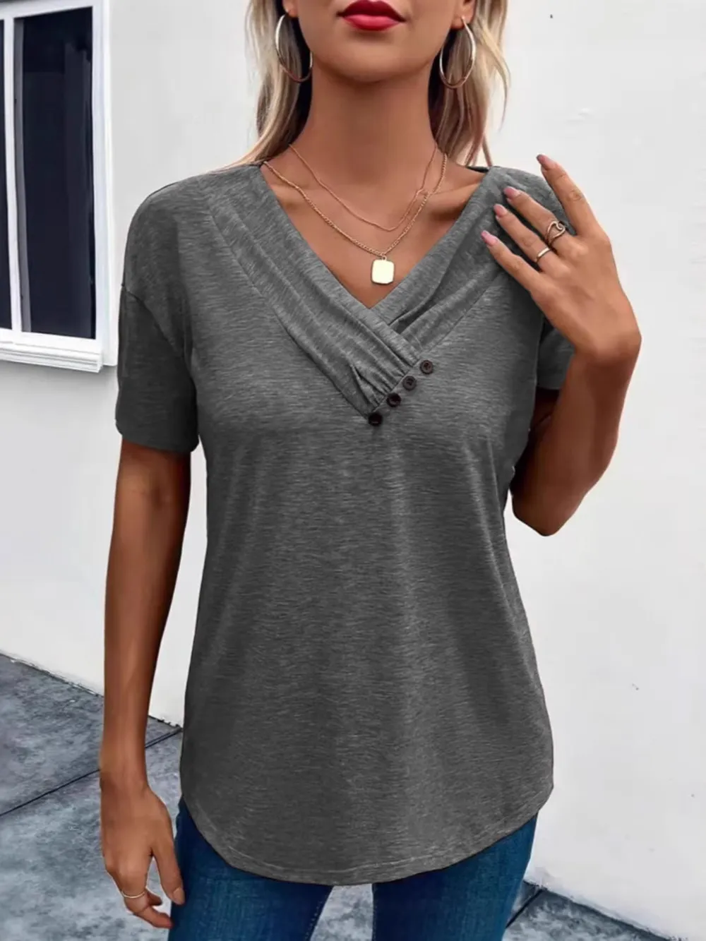 Short Sleeve V-Neck Ruched T-Shirt, image 6
