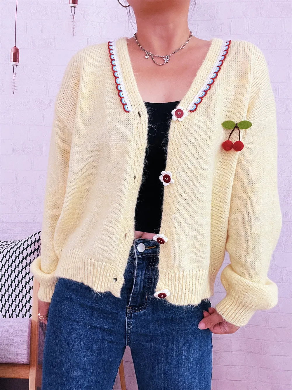 Cherry Button-Front Long Sleeve Cardigan, image 14