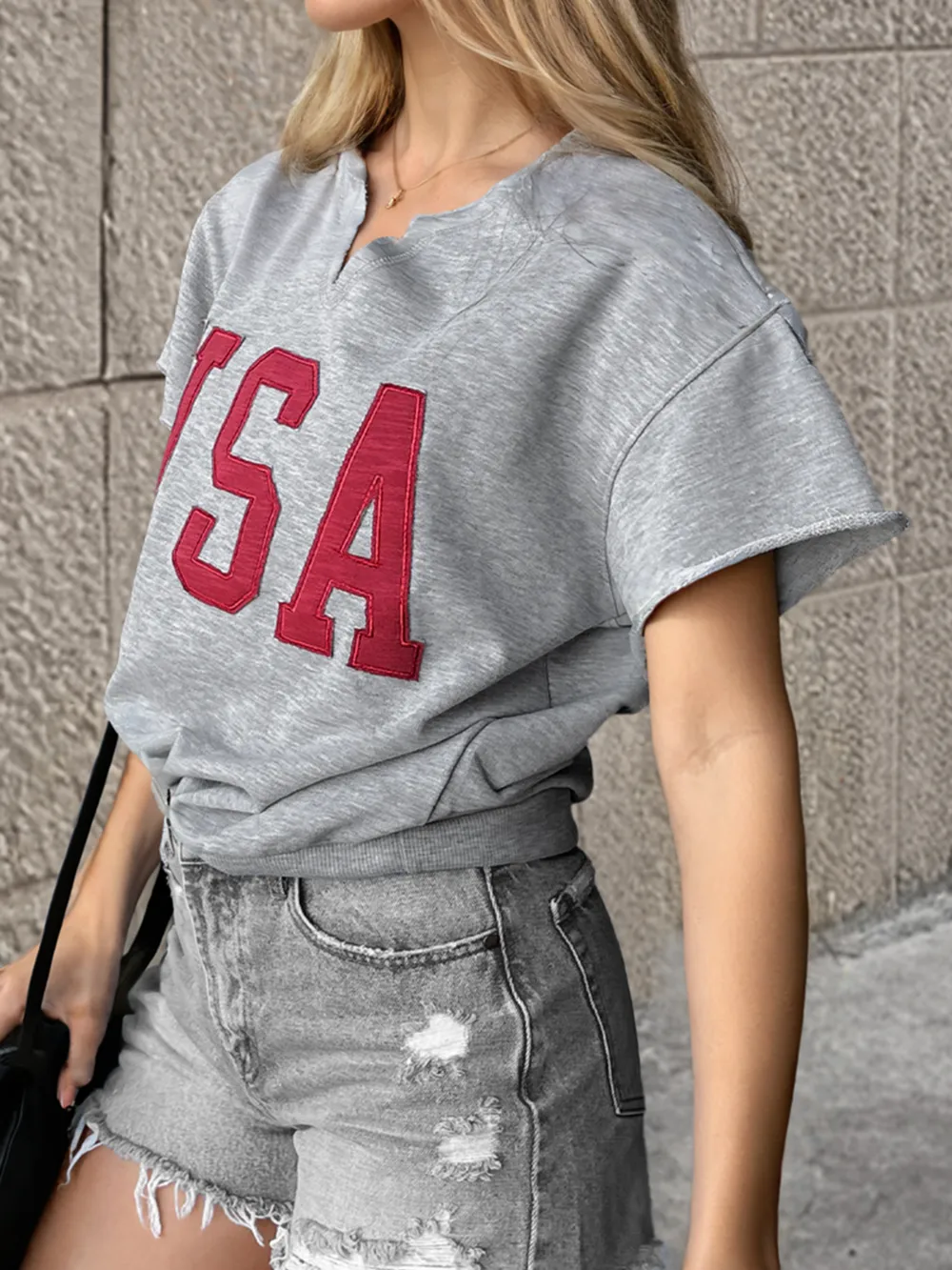 USA Lettering Patch Notched Neck T-Shirt, image 13