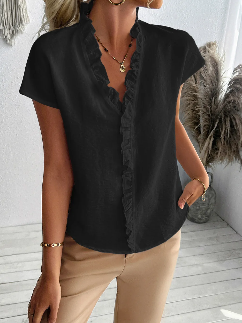 Ruffled V-Neck Short Sleeve Blouse, image 13
