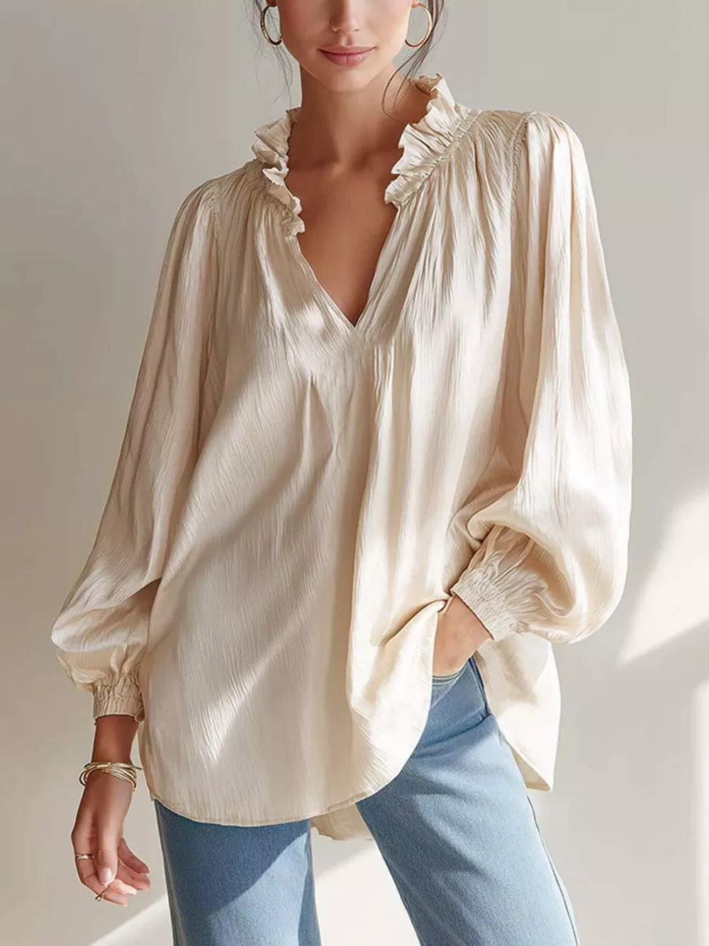 Ruffle Trim Long Sleeves Blouse