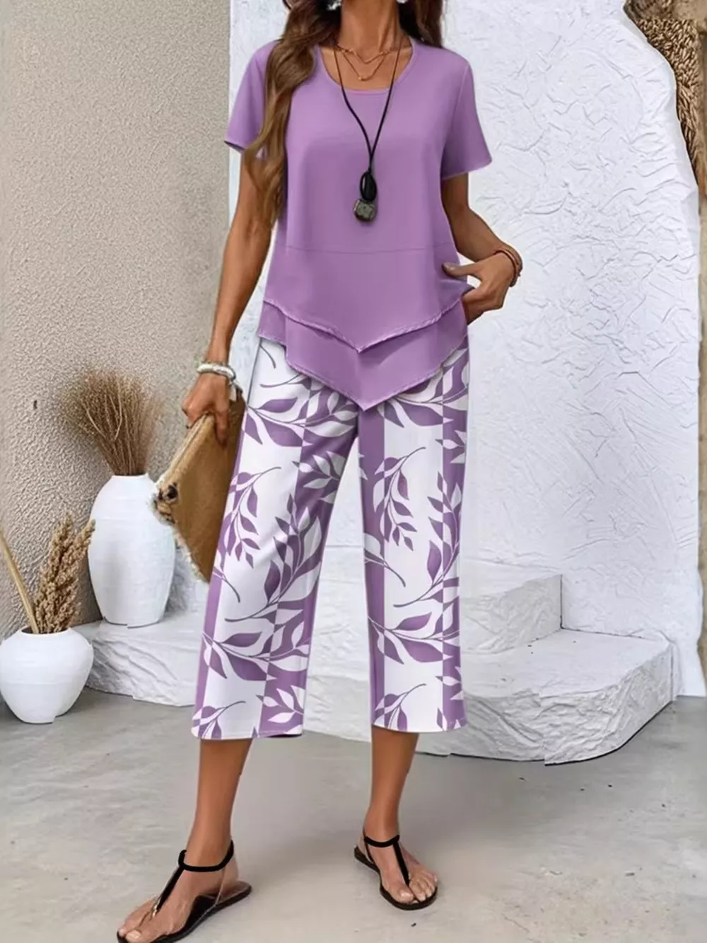 Layered Top and Leaf Print Cropped Pants Set, image 7
