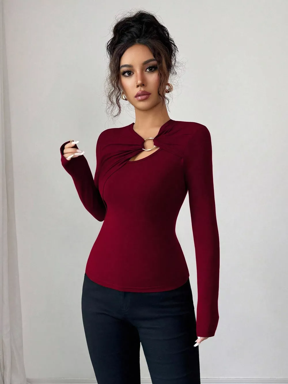 Twist Front Ring Detail Long Sleeve T-Shirt, image 10