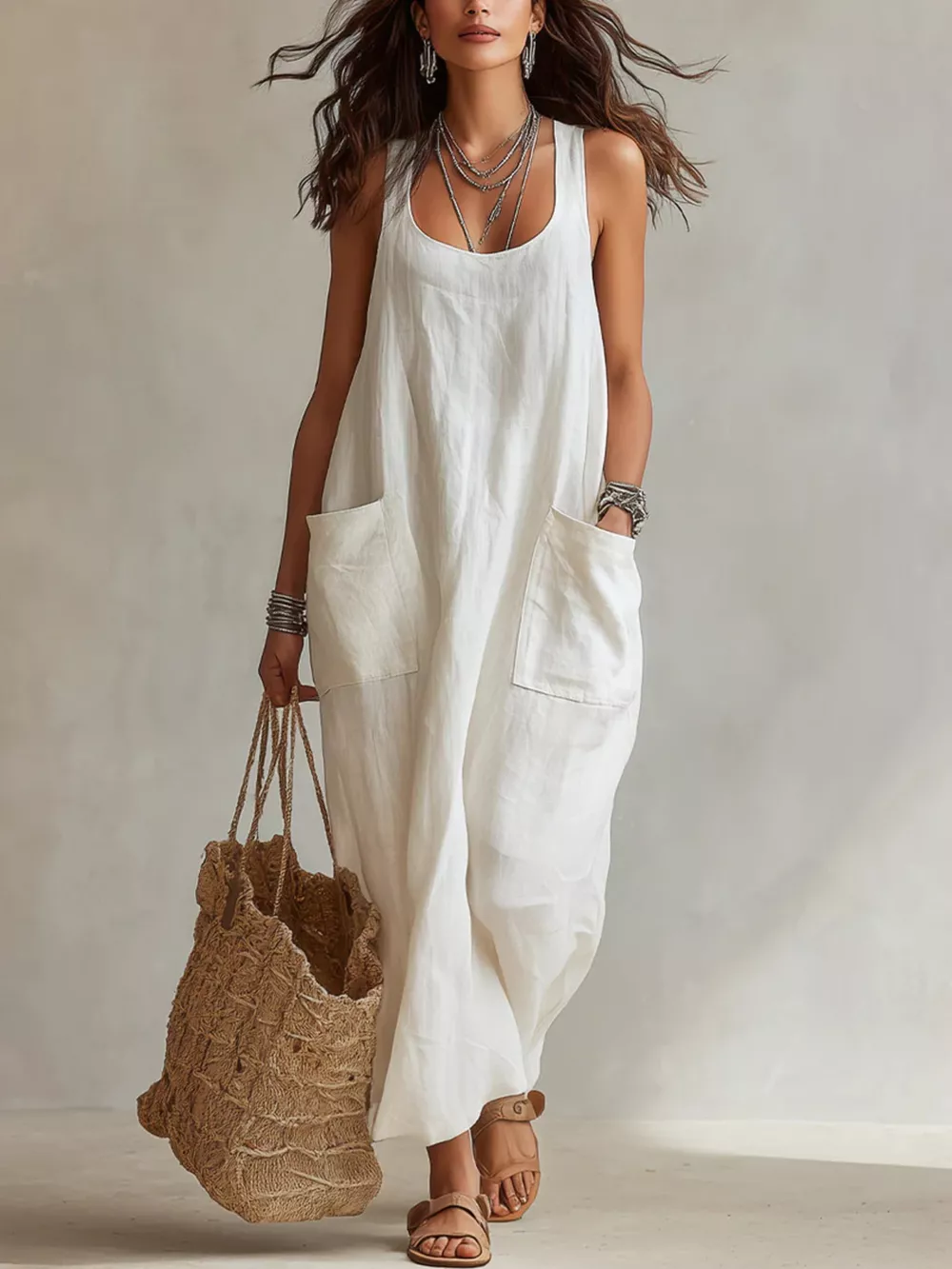 Scoop Neck Sleeveless Maxi Dress with Pockets