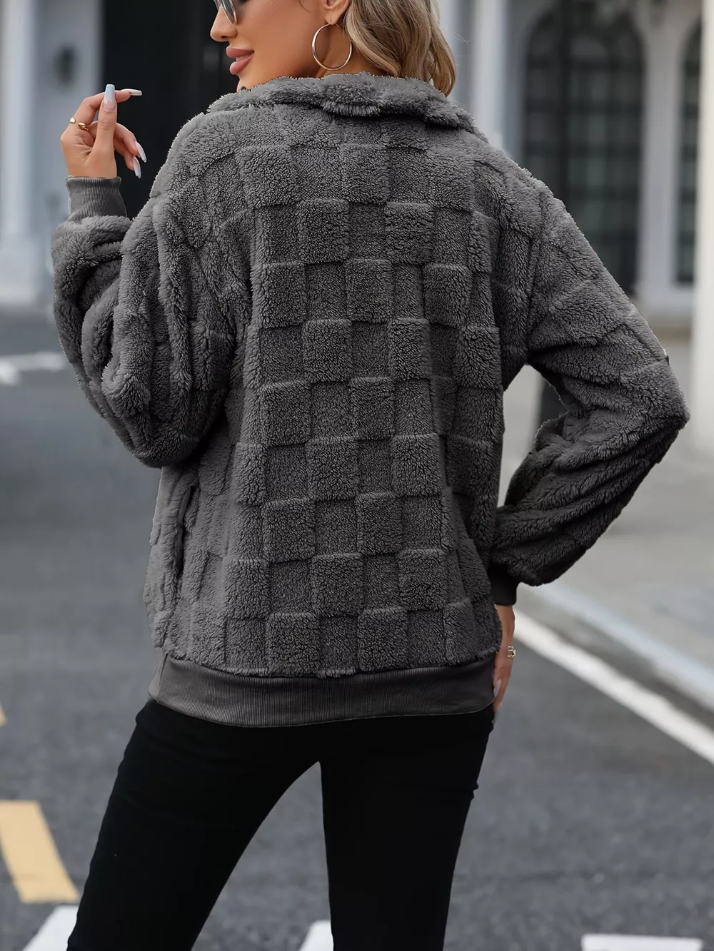Cozy Checkered Fleece Quarter Zip Sweatshirt, image 3