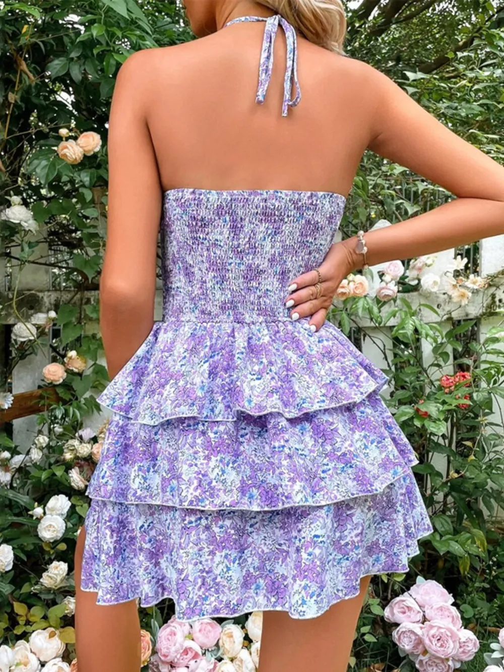 Floral Halter Cutout Ruffled Mini Dress, image 3
