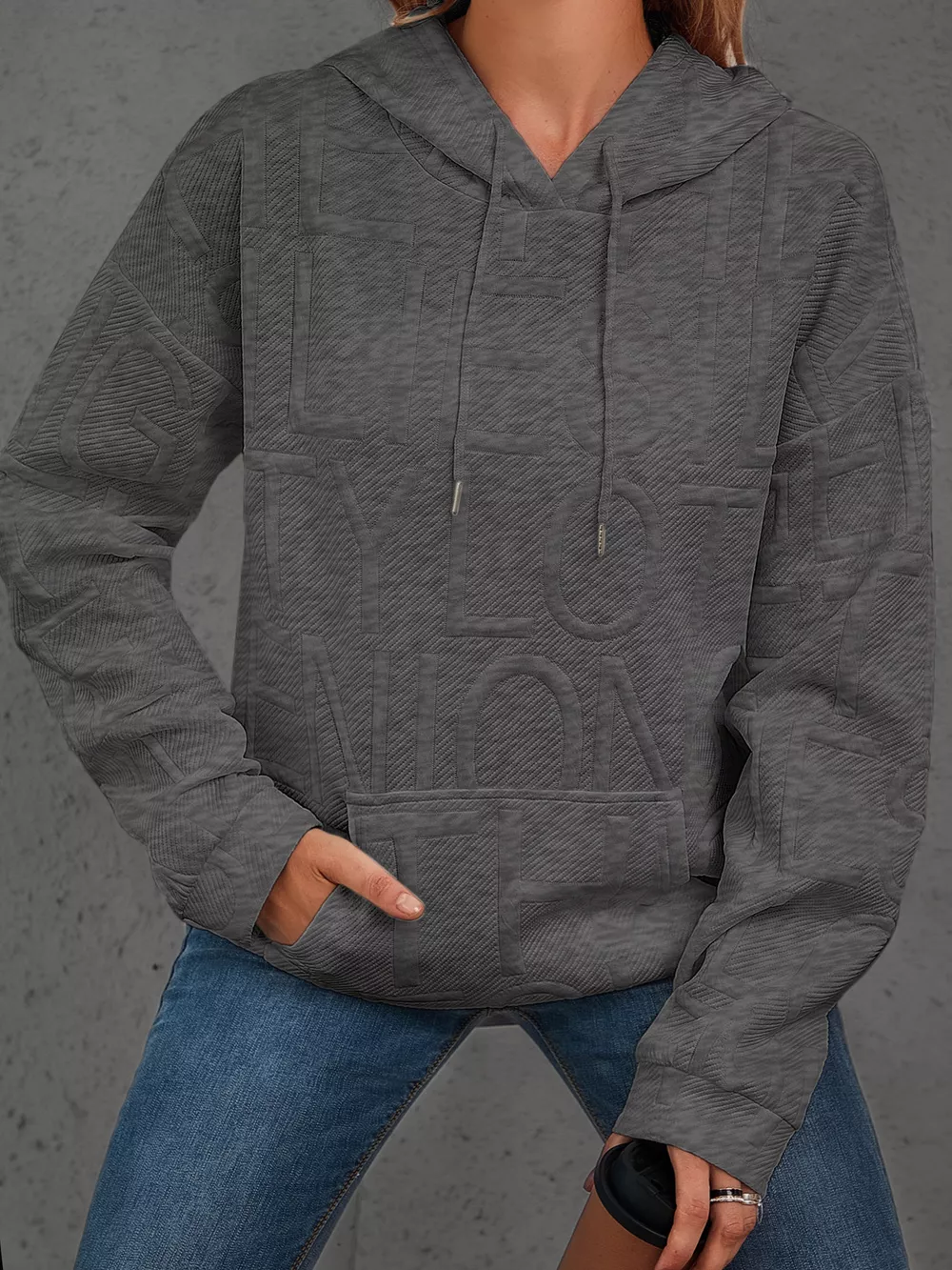 Full Size Textured Embossed Long Sleeve Hoodie Plus Size, image 23