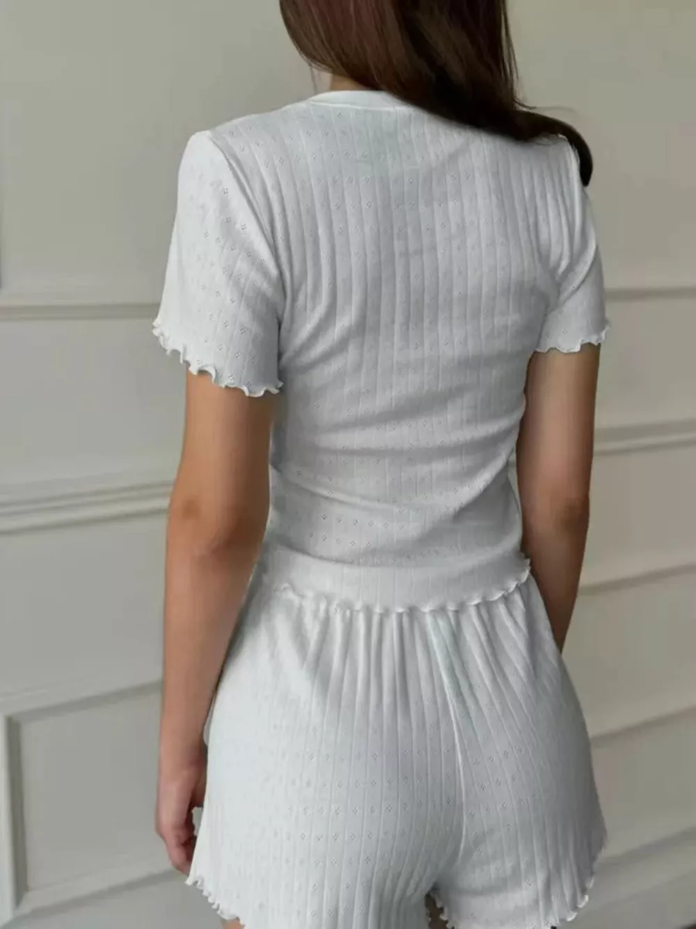 Ribbed Texture Top and Shorts Lounge Set with Lettuce Edge Trim, image 8