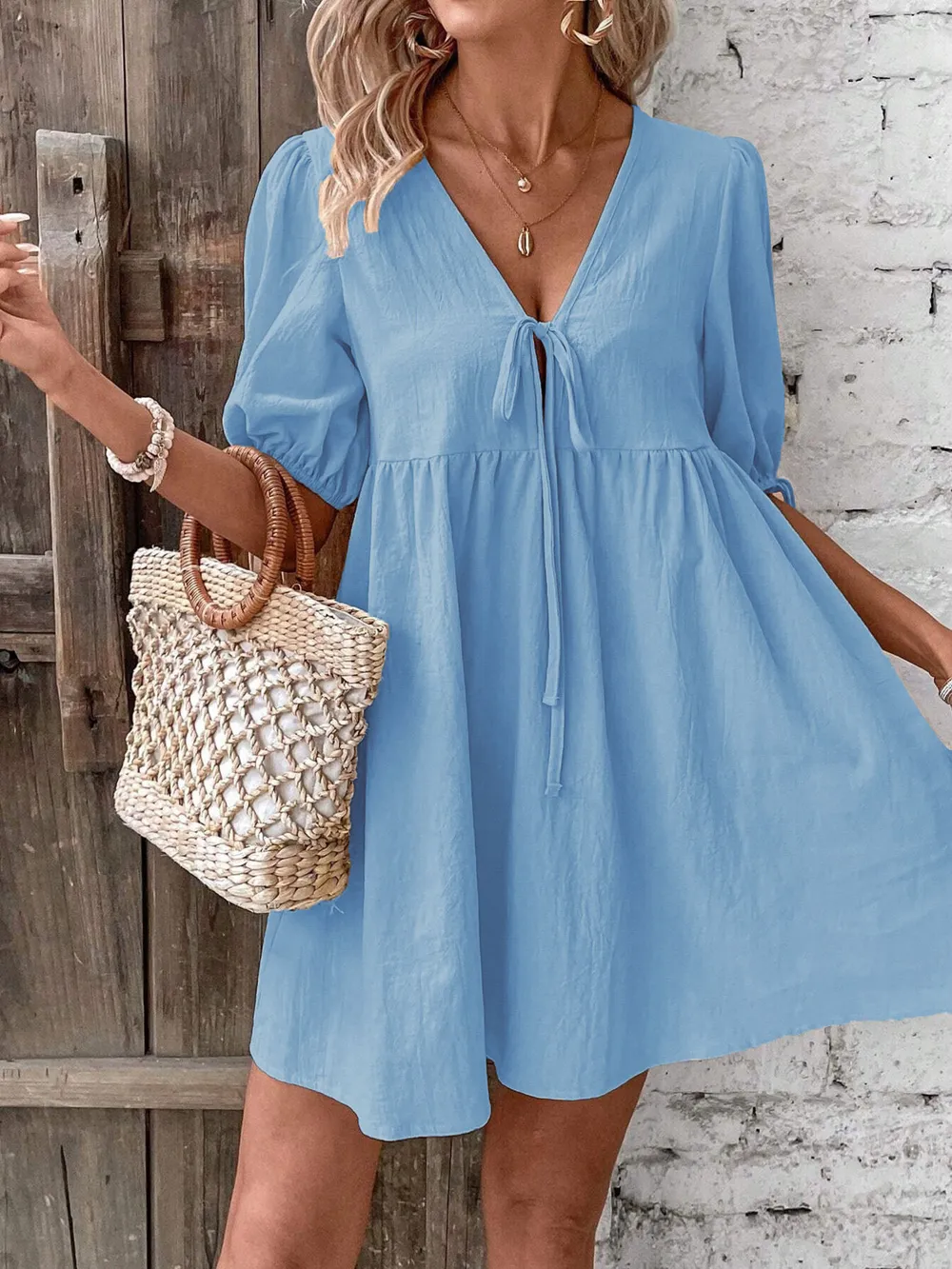 V-Neck Tie-Front Mini Dress with Puff Sleeves, image 19