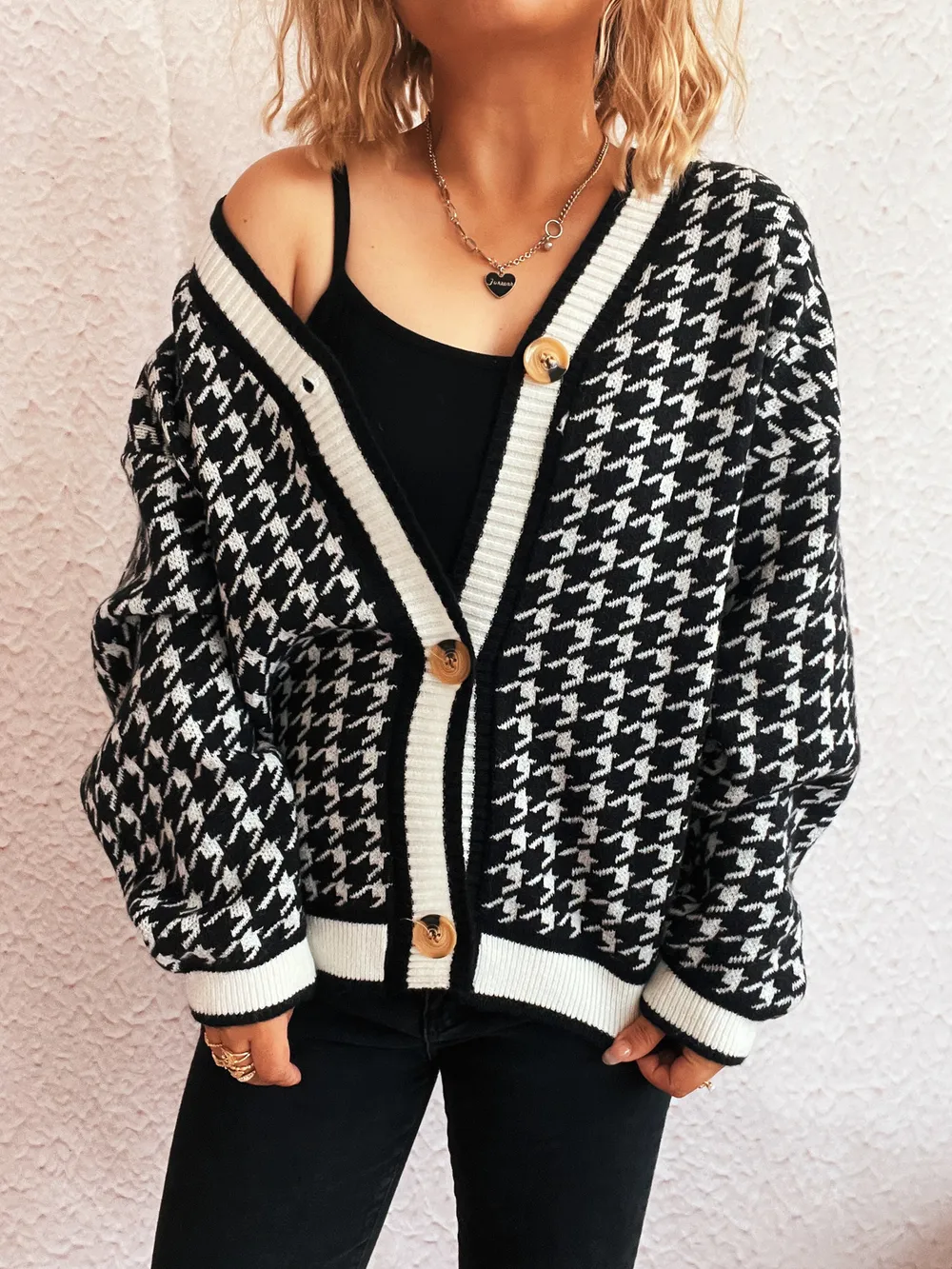 Houndstooth Pattern V-Neck Button-Up Cardigan, image 15