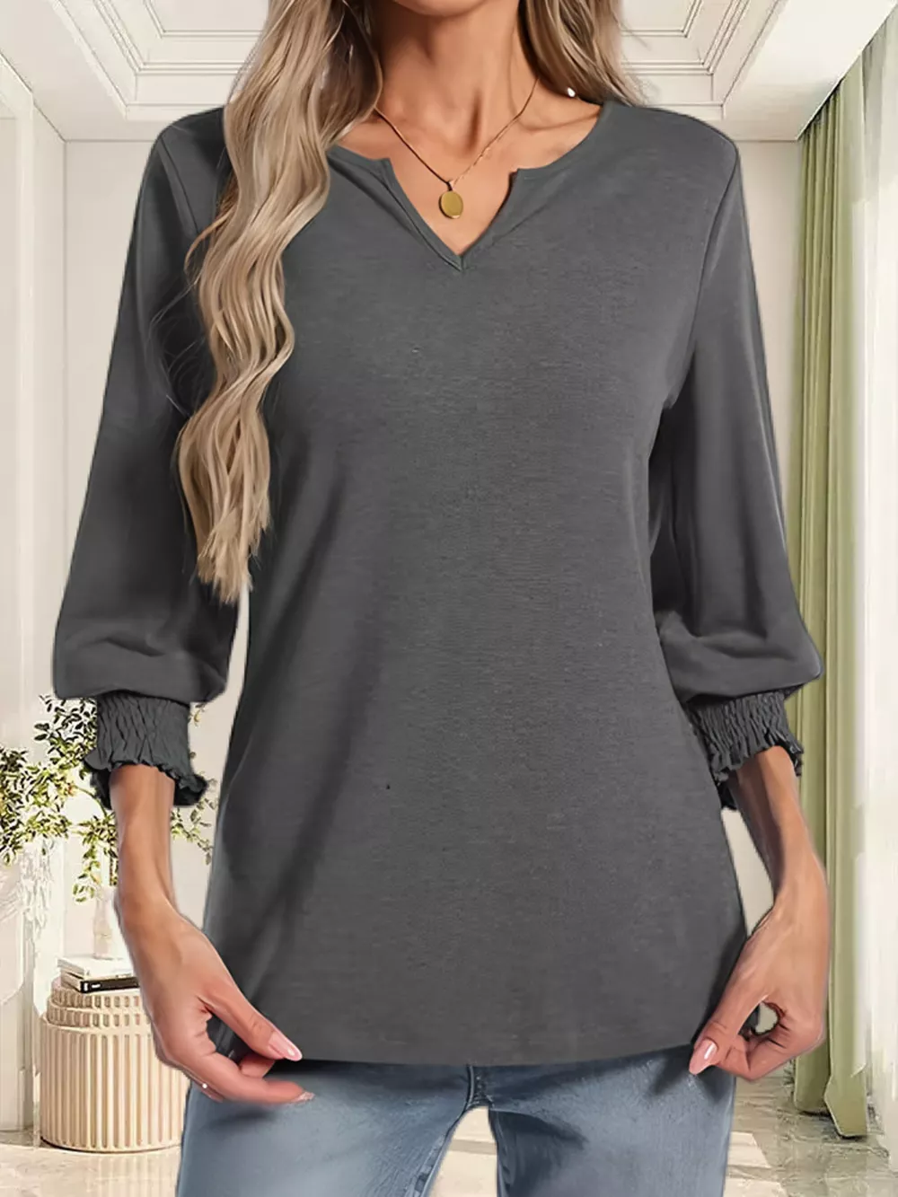 Full Size Notched 3/4 Sleeve Top Plus Size, image 12