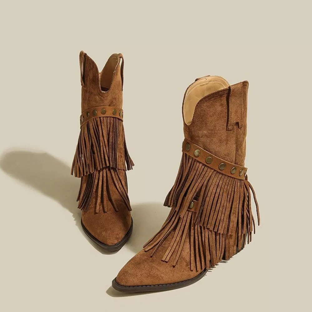 Vintage Suede Western Fringe Boots with Studded Straps, image 3