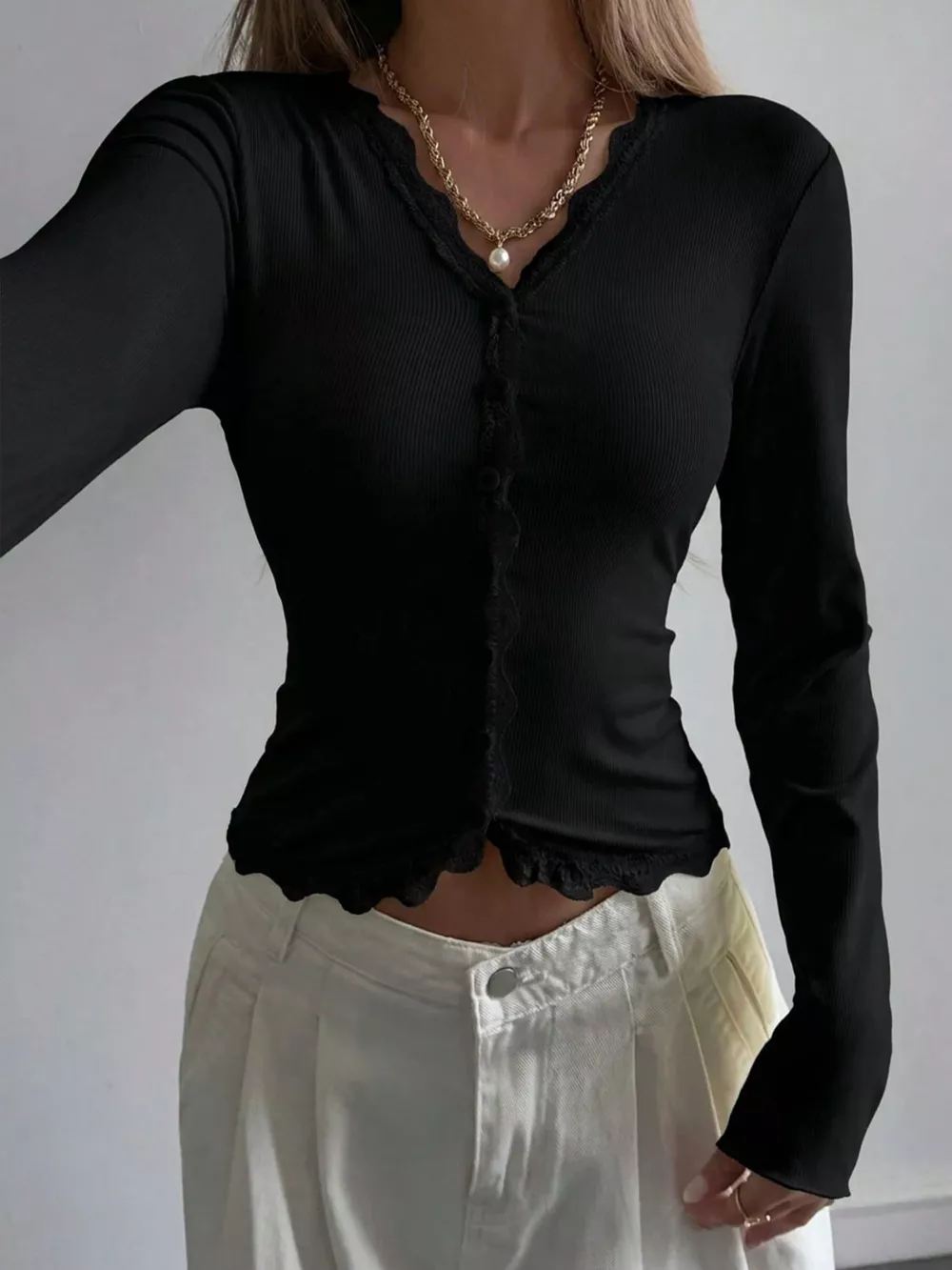 Lace Trim V-Neck Ribbed Long Sleeve Blouse, image 13