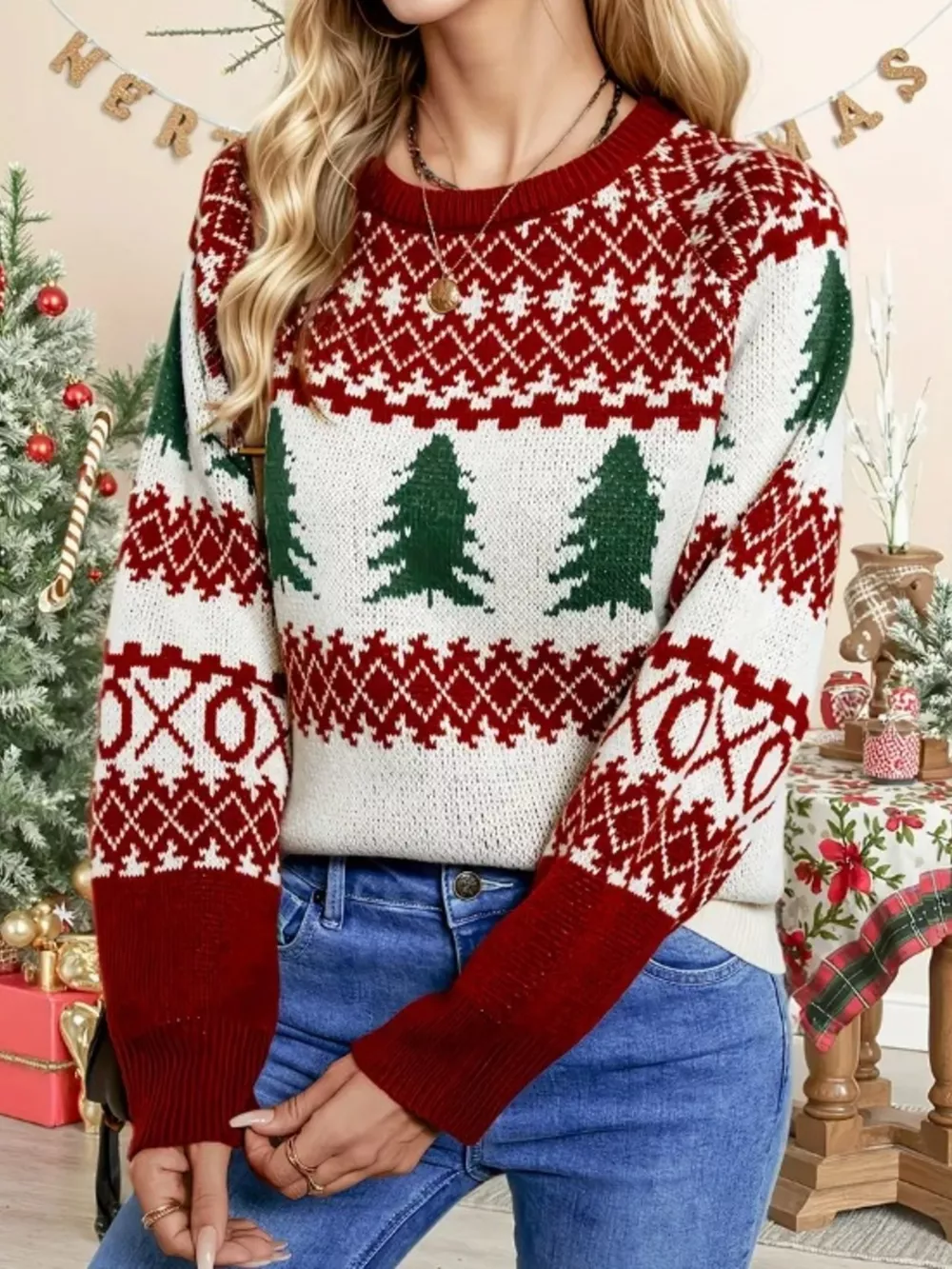 Christmas Tree Pattern Round Neck Sweater, image 2