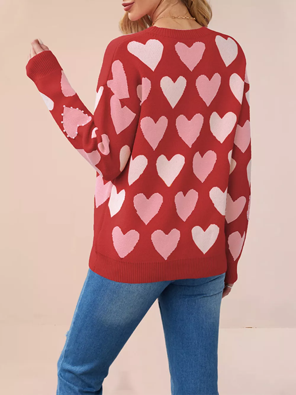 Heart Pattern Pearl Embellishments Sweater, image 6