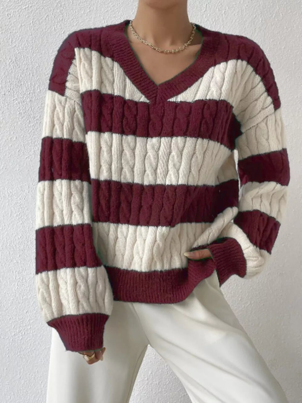 V-Neck Striped Cable Knit Sweater, image 7